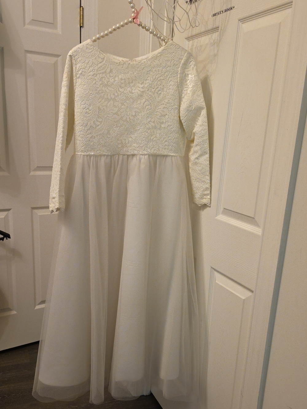 Girls' Ivory Lace & Tulle Long Sleeve Dress